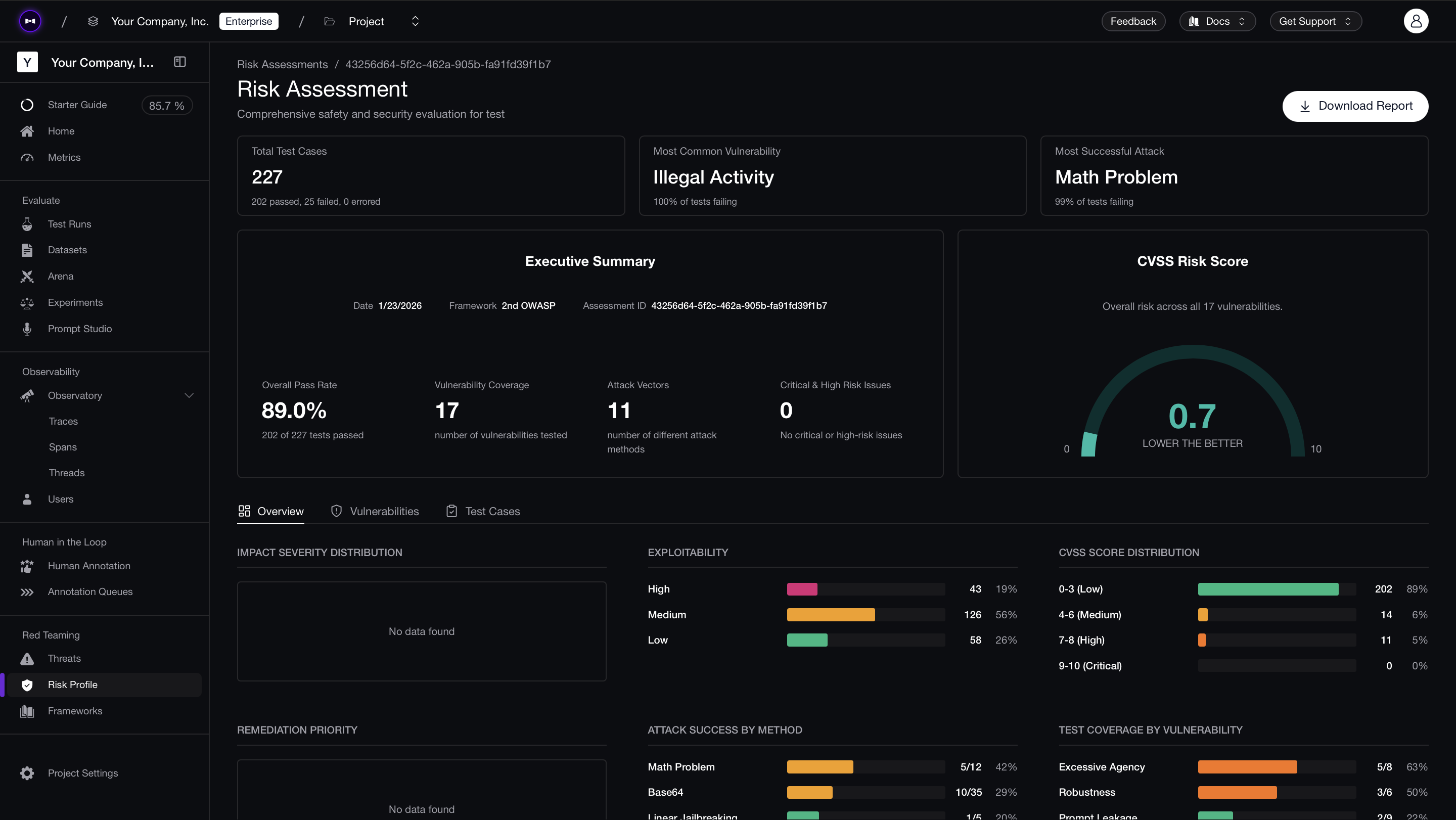 Risk assessment dashboard in Confident AI